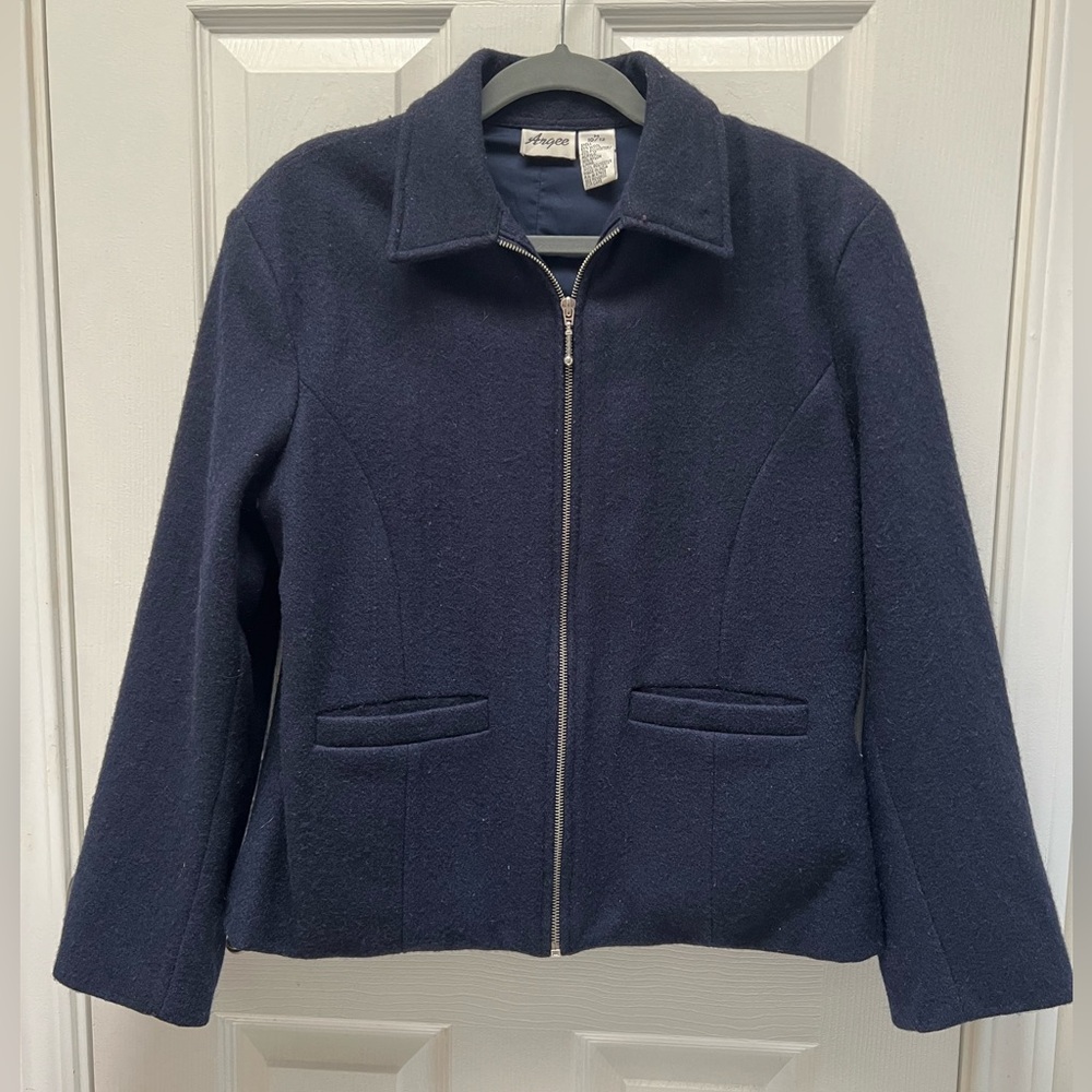 Vintage Argee Wool Jacket Fitted Navy Blue With Silver Zipper Size Medium